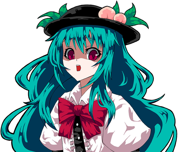 bad_id bow bust food food_themed_clothes fruit hat hinanawi_tenshi ke-su open_mouth peach portrait red_eyes solo touhou