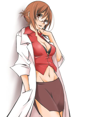 1girl bespectacled breasts brown_hair cleavage doctor female glasses hair_up kurota labcoat lowres meiko midriff short_hair side_slit simple_background skirt solo vocaloid