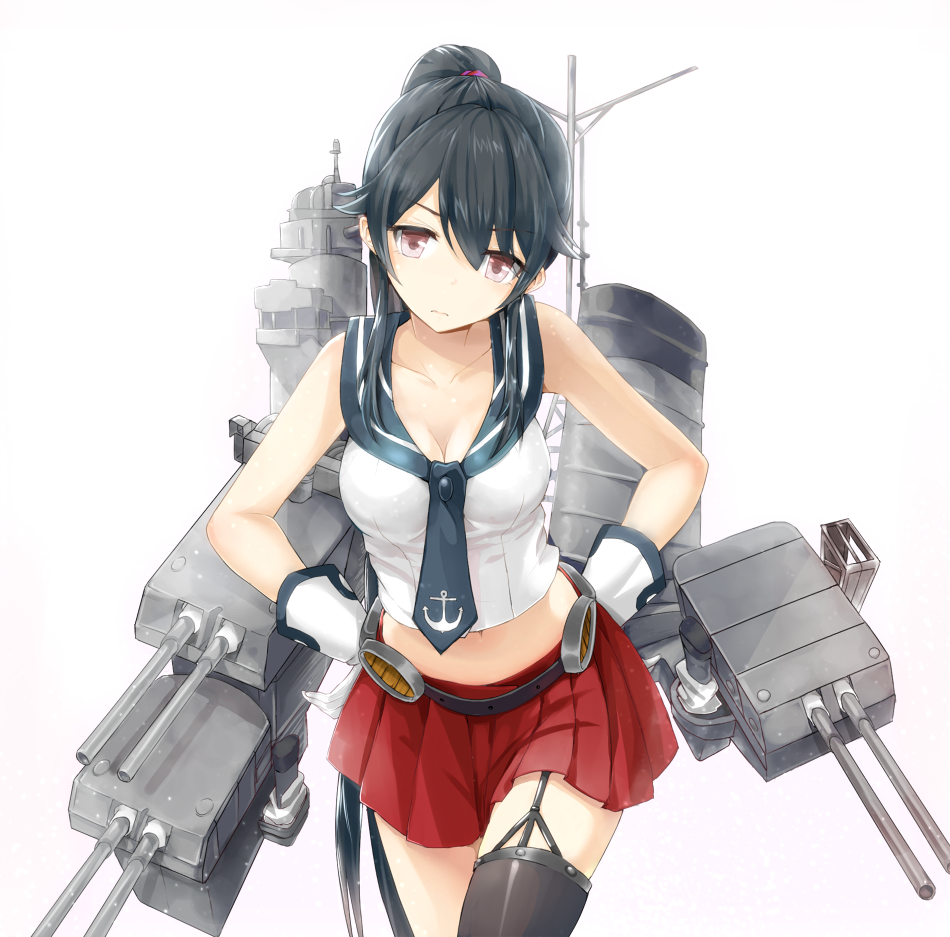 1girl black_hair breasts gloves guranyto hands_on_hips kantai_collection long_hair looking_at_viewer midriff personification pleated_skirt ponytail red_eyes simple_background skirt solo white_background white_gloves yahagi_(kantai_collection)