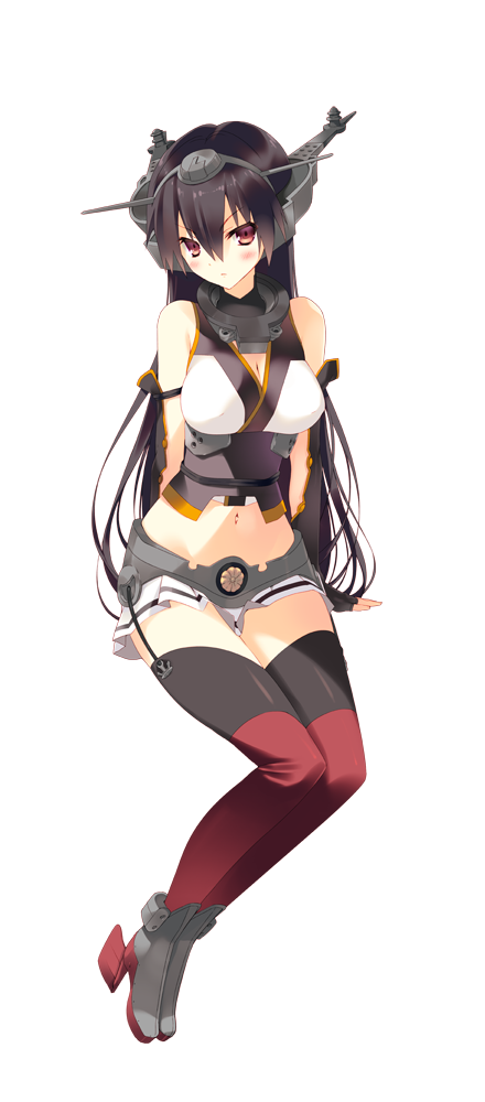 1girl arikawa_satoru bare_shoulders black_hair blush breasts brown_hair elbow_gloves fingerless_gloves gloves hairband headgear kantai_collection long_hair nagato_(kantai_collection) personification red_eyes simple_background sitting solo white_background