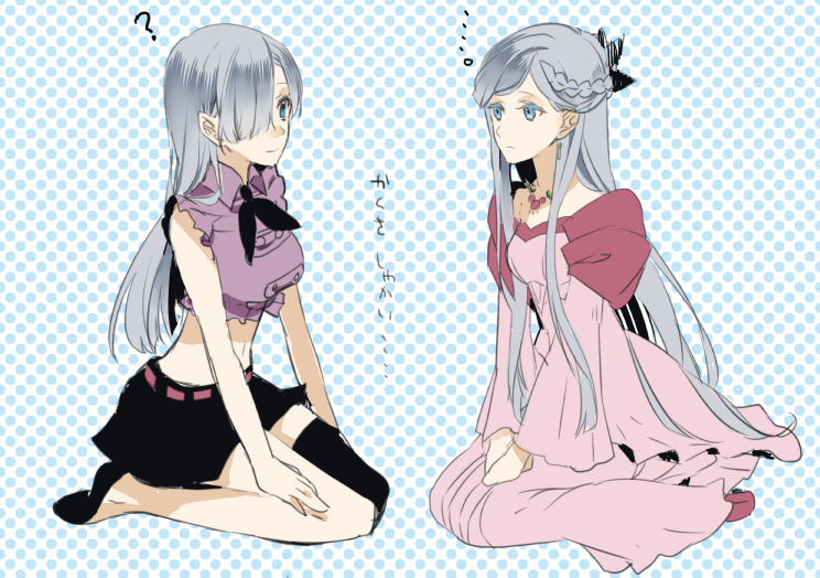 2girls ? asymmetrical_clothes black_skirt character_request dress earrings elizabeth_liones grey_hair hair_over_eyes hair_over_one_eye jewelry komenama long_hair looking_at_another midriff multiple_girls nanatsu_no_taizai navel red_dress shirt silver_hair sitting sketch skirt tagme translation_request