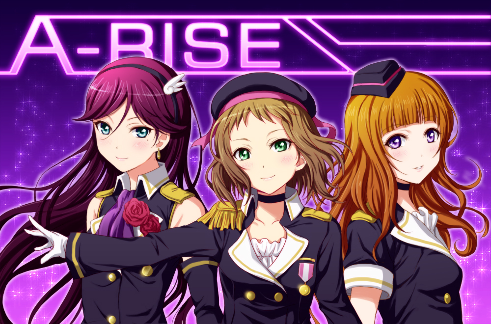3girls beret blue_eyes blush brown_hair bust choker collarbone earrings epaulettes flower gloves green_eyes hairband hat idol jewelry kira_tsubasa long_hair long_sleeves looking_at_viewer love_live!_school_idol_project medal mole multiple_girls outline outstretched_arm parted_lips purple_hair red_rose rose shian_(my_lonly_life.) short_hair short_sleeves sleeveless smile sparkle toudou_erena violet_eyes white_gloves yuuki_anju