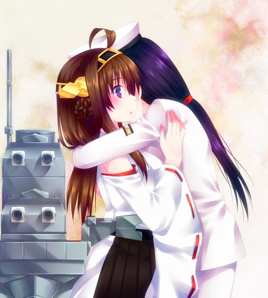 2girls bare_shoulders black_hair blush breasts brown_hair cannon detached_sleeves double_bun female_admiral_(kantai_collection) hair_ornament hairband hat headgear hug japanese_clothes kantai_collection kongou_(kantai_collection) long_hair multiple_girls naval_uniform nontraditional_miko open_mouth personification skirt smile turret