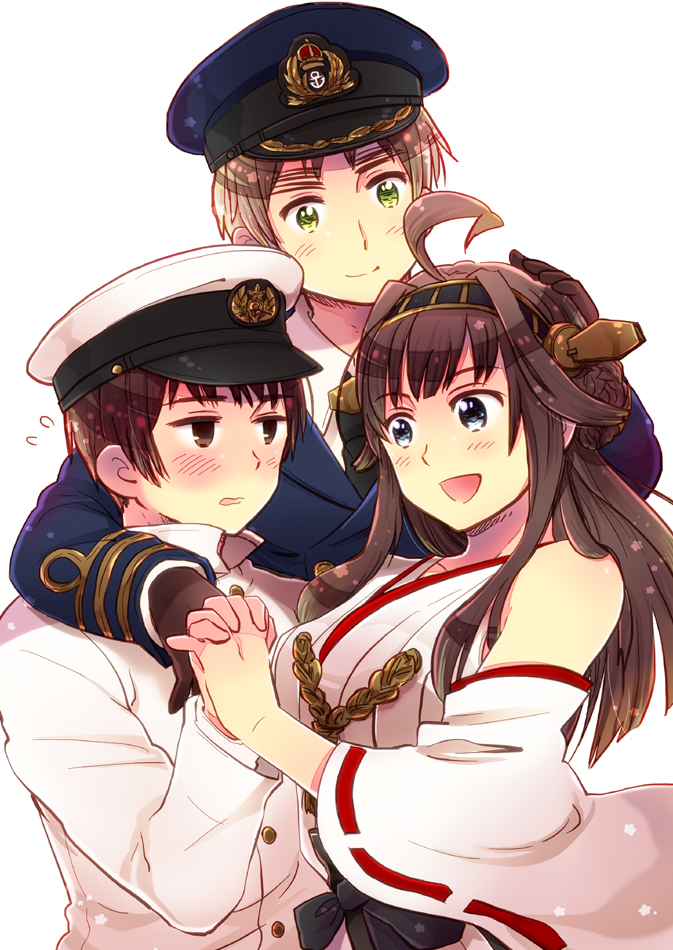 1girl 2boys ahoge axis_powers_hetalia bare_shoulders blonde_hair blue_eyes blush brown_eyes brown_gloves brown_hair crossover detached_sleeves double_bun eyebrows gloves green_eyes hairband hand_on_another's_shoulder hat headgear interlocked_fingers japan_(hetalia) japanese_clothes kantai_collection kongou_(kantai_collection) kuro long_hair looking_at_another military military_uniform multiple_boys nontraditional_miko open_mouth peaked_cap short_hair simple_background smile uniform united_kingdom_(hetalia) white_background