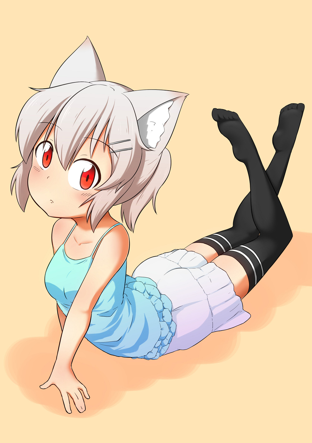 1girl alternate_hairstyle animal_ears bare_shoulders black_legwear blue_shirt blush breasts collarbone contemporary hair_ornament highres inubashiri_momiji looking_at_viewer ponytail red_eyes shirt short_hair silver_hair skirt solo tail touhou wolf_ears wolf_tail