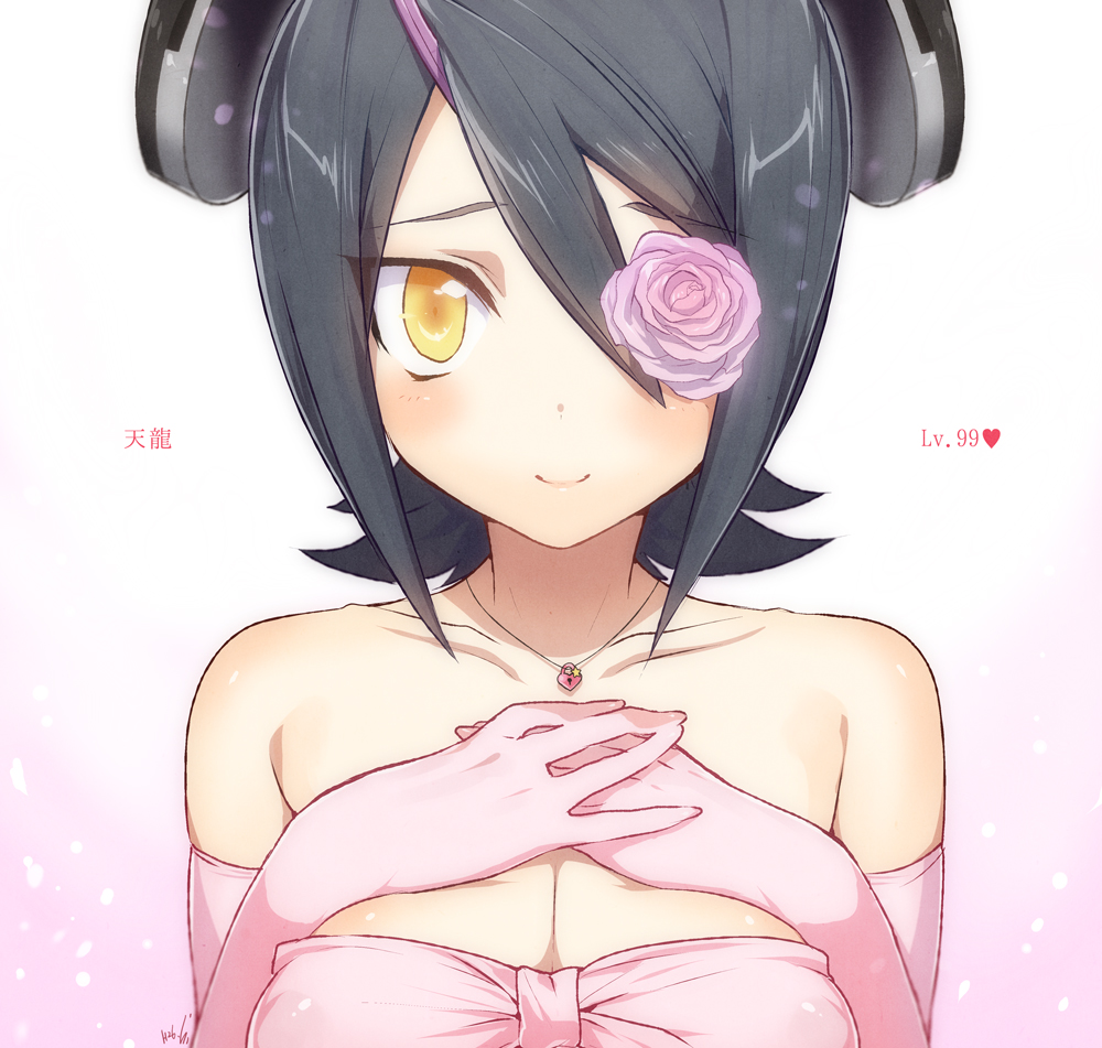 1girl bare_shoulders black_hair dress flower gloves kantai_collection looking_at_viewer ot-nm short_hair smile solo tenryuu_(kantai_collection) wedding_dress yellow_eyes
