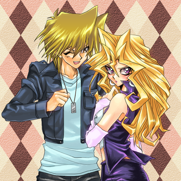 1boy 1girl argyle argyle_background big_hair blonde_hair blush brown_eyes court earrings embarrassed jacket jewelry jounouchi_katsuya kujaku_mai long_hair official_style pendant sakana_(ousamandnd) violet_eyes wink yuu-gi-ou yuu-gi-ou_duel_monsters