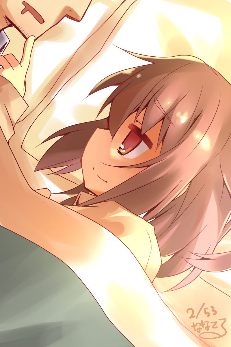 1boy 1girl admiral_(kantai_collection) alternate_costume brown_eyes brown_hair dated drooling finger_to_another's_mouth hair_ornament hairclip highres ikazuchi_(kantai_collection) kantai_collection personification signature sleeping smile tenjou_nanaki