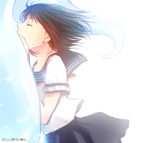 1girl black_hair blue_skirt chimera_(coppelion) closed_eyes coppelion couple creature floating_hair leaning_on_person lowres out_of_frame pleated_skirt sailor_collar school_uniform serafuku short_sleeves skirt smile sparkle translated tsuburaya_mana wakanu