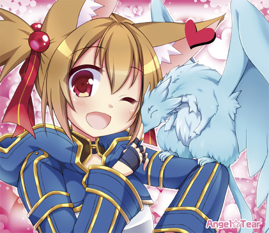 1girl animal_ears brown_hair cat_ears dragon fingerless_gloves gloves pina_(sao) red_eyes short_hair silica silica_(sao-alo) sword_art_online tougo twintails wink