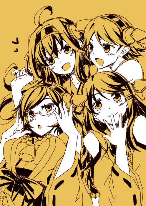 4girls ahoge bare_shoulders glasses hairband haruna_(kantai_collection) heart hiei_(kantai_collection) kantai_collection kirishima_(kantai_collection) kongou_(kantai_collection) kouji_(campus_life) long_hair monochrome multiple_girls nontraditional_miko open_mouth short_hair skirt smile spot_color thigh-highs