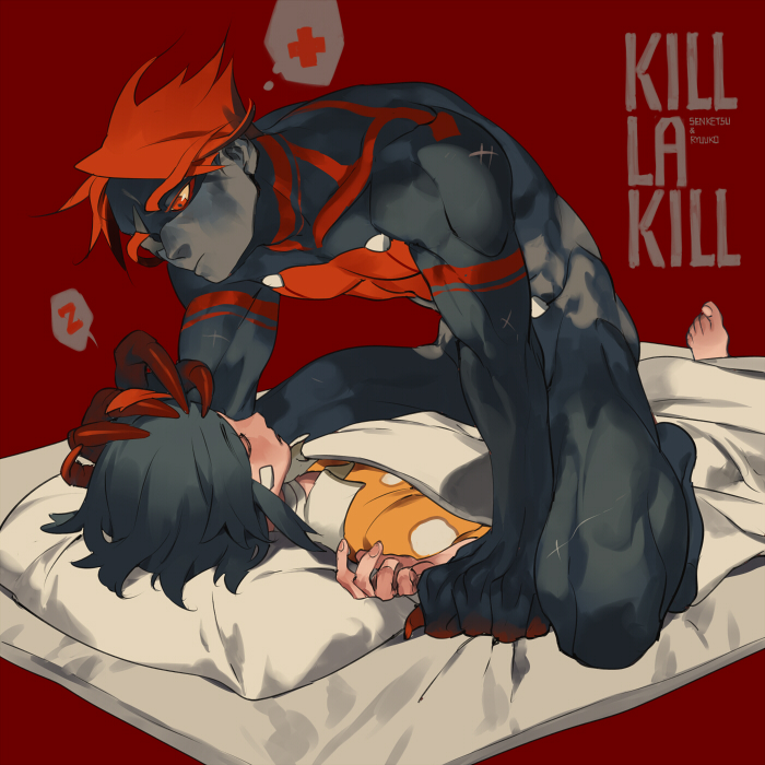 1boy 1girl bandaid black_hair black_skin blanket hand_on_head kill_la_kill matoi_ryuuko personification pillow red_background red_eyes redhead rei_(sanbonzakura) senketsu short_hair sleeping yellow_sclera