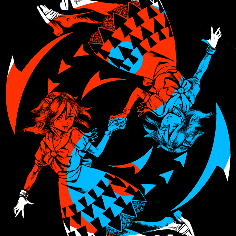 2girls bangle black_background bow bracelet directional_arrow dress dual_persona holding_hands horns jewelry kawahagi_modoki kijin_seija multiple_girls open_mouth short_sleeves simple_background smile tongue tongue_out touhou upside-down