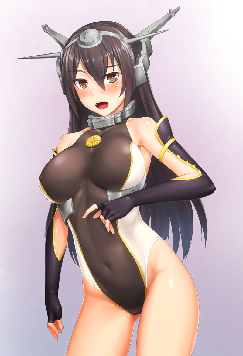 1girl alternate_costume black_hair blush breasts competition_swimsuit covered_navel elbow_gloves fingerless_gloves gloves h_kasei headgear kantai_collection large_breasts long_hair looking_at_viewer nagato_(kantai_collection) one-piece_swimsuit open_mouth personification red_eyes solo swimsuit