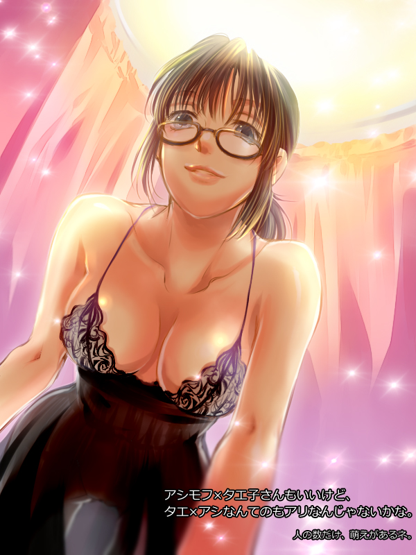 1girl bangs bare_arms bare_shoulders black-framed_glasses blue_eyes breasts brown_hair cleavage coppelion curtains from_below glasses lingerie lips negligee nightgown nomura_taeko pov short_ponytail solo sparkle translation_request underwear wakanu