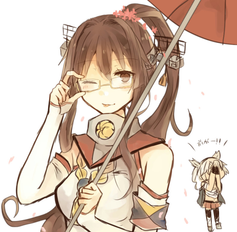 2girls bare_shoulders bespectacled blonde_hair brown_eyes brown_hair chibirisu covering_face glasses kantai_collection long_hair looking_at_viewer multiple_girls musashi_(kantai_collection) oriental_umbrella ponytail skirt smile tongue tongue_out translation_request umbrella wink yamato_(kantai_collection) yellow-framed_glasses