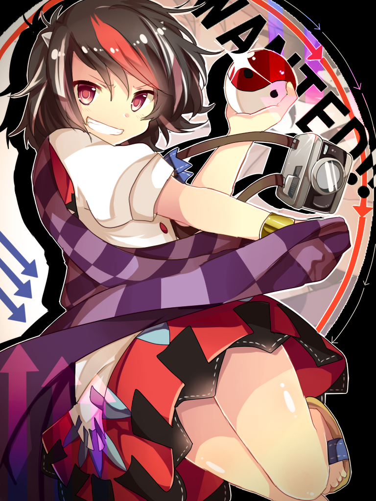 1girl black_hair camera cuffs grin holding horns impossible_spell_card kijin_seija looking_at_viewer matryoshka_(borscht) multicolored_hair orb red_eyes redhead sandals short_hair short_sleeves smile solo touhou white_hair yin_yang