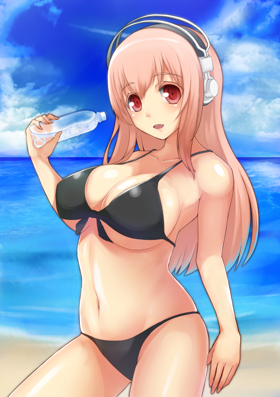 1girl beach bikini black_bikini blush bottle breasts cleavage front-tie_bikini headphones highres large_breasts long_hair looking_at_viewer nitroplus ocean open_mouth pink_hair red_eyes solo super_sonico swimsuit water_bottle yashichii