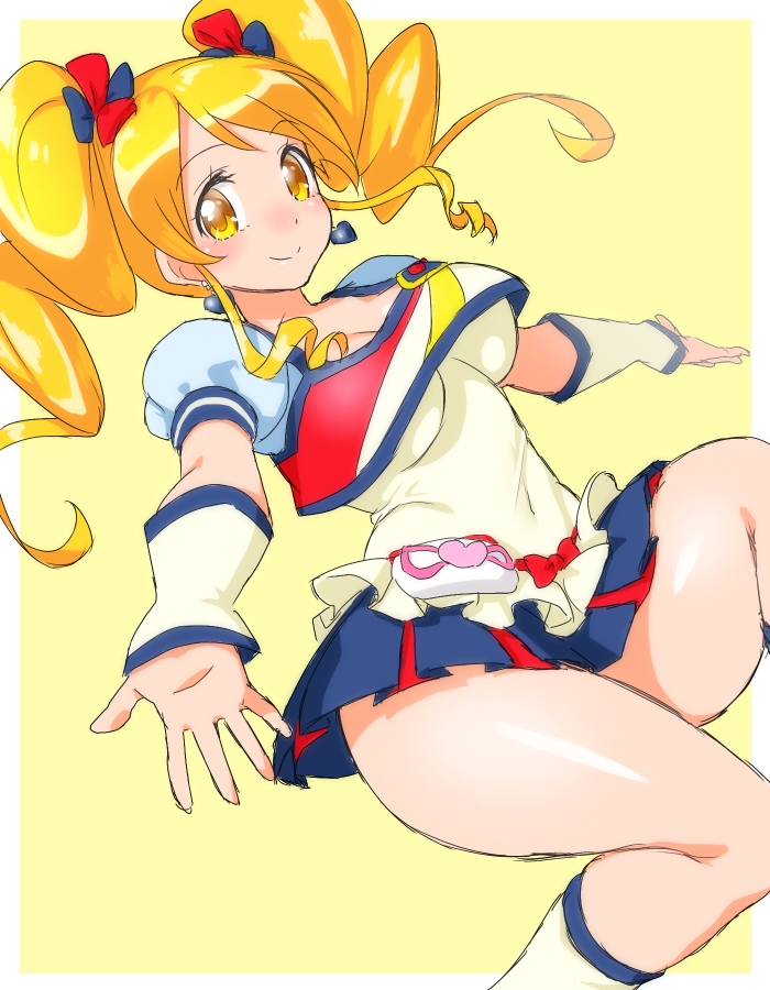 1girl alternate_form blonde_hair blue_skirt blush cheerleader cure_honey happinesscharge_precure! heart jewelry long_hair magical_girl onsoku_maru oomori_yuuko outstretched_arms popcorn_cheer precure simple_background skirt smile solo twintails yellow_background yellow_eyes