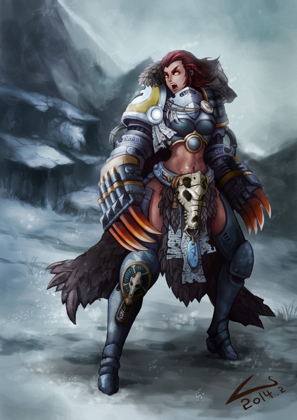 1girl adapted_costume animal_skull boots braid breasts dated fangs female fur gauntlets genderswap heresy highres l_axe midriff navel no_pupils pauldrons power_armor power_claw purity_seal redhead signature skull snow solo space_wolves thigh_boots thighhighs warhammer_40k yellow_eyes
