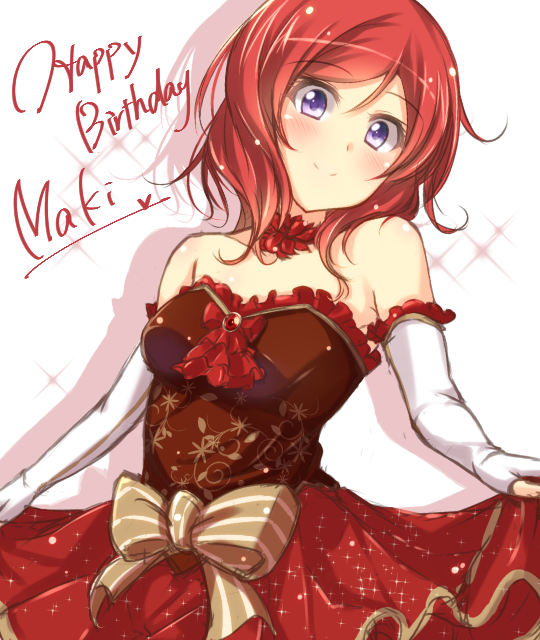 1girl bare_shoulders blush character_name choker dress elbow_gloves fingerless_gloves frilled_bow frilled_dress frilled_gloves frills gloves happy_birthday jiino looking_at_viewer love_live!_school_idol_project nishikino_maki red_dress redhead ribbon short_hair skirt_hold smile solo star violet_eyes white_background white_gloves