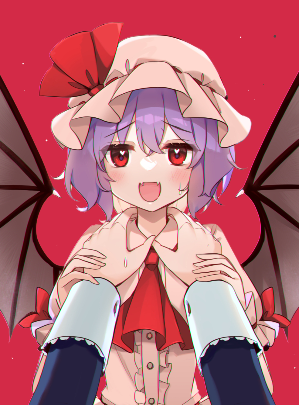 2girls arms_up ascot bangs bat_wings belt blue_dress blush buttons collared_dress crossed_bangs dress fang fangs hair_between_eyes hands_on_another's_shoulders hands_up hat hat_ribbon heart heart_in_eye highres izayoi_sakuya kirero long_sleeves looking_at_another looking_at_viewer mob_cap multiple_girls open_mouth pink_dress pink_headwear puffy_short_sleeves puffy_sleeves purple_hair red_ascot red_background red_belt red_eyes red_ribbon remilia_scarlet ribbon short_hair short_sleeves simple_background smile solo_focus standing sweat sweatdrop symbol_in_eye tongue touhou wings wrist_cuffs