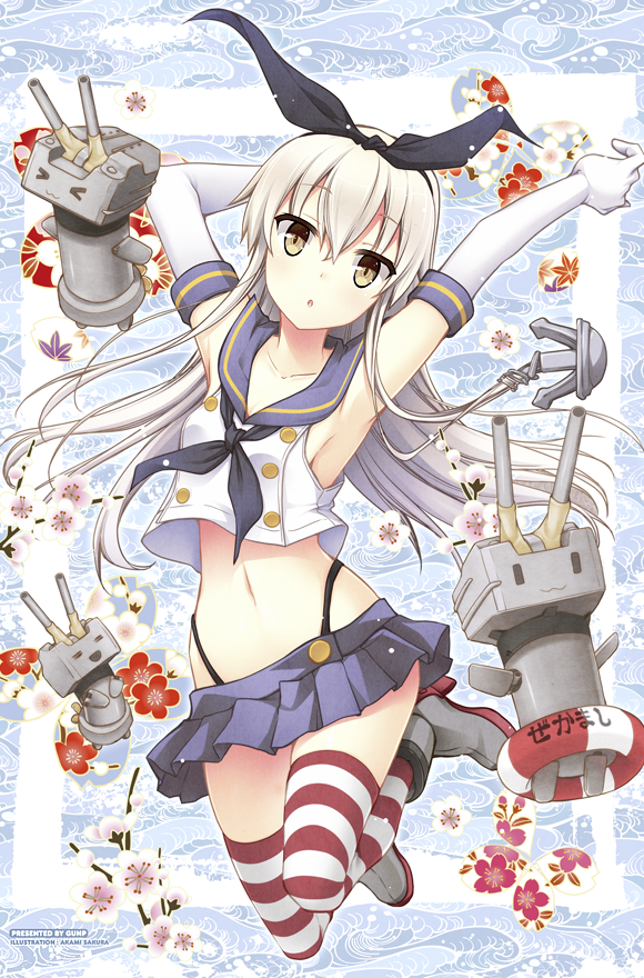 &gt;_&lt; 1girl armpits arms_up artist_name bangs blonde_hair breasts collarbone detached_sleeves elbow_gloves full_body gloves gunp hair_ribbon highleg highleg_panties kantai_collection long_hair looking_at_viewer midriff navel outstretched_arms panties parted_lips rensouhou-chan ribbon sailor_collar shimakaze_(kantai_collection) sideboob solo striped striped_legwear thighhighs underwear yellow_eyes