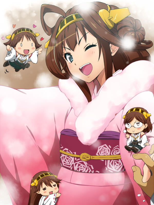 4girls blush brown_hair character_request green_eyes hairband hairu happy heart hiei_(kantai_collection) holding_hands japanese_clothes kantai_collection kirishima_(kantai_collection) kongou_(kantai_collection) long_hair multiple_girls open_mouth personification small_breasts smile wink