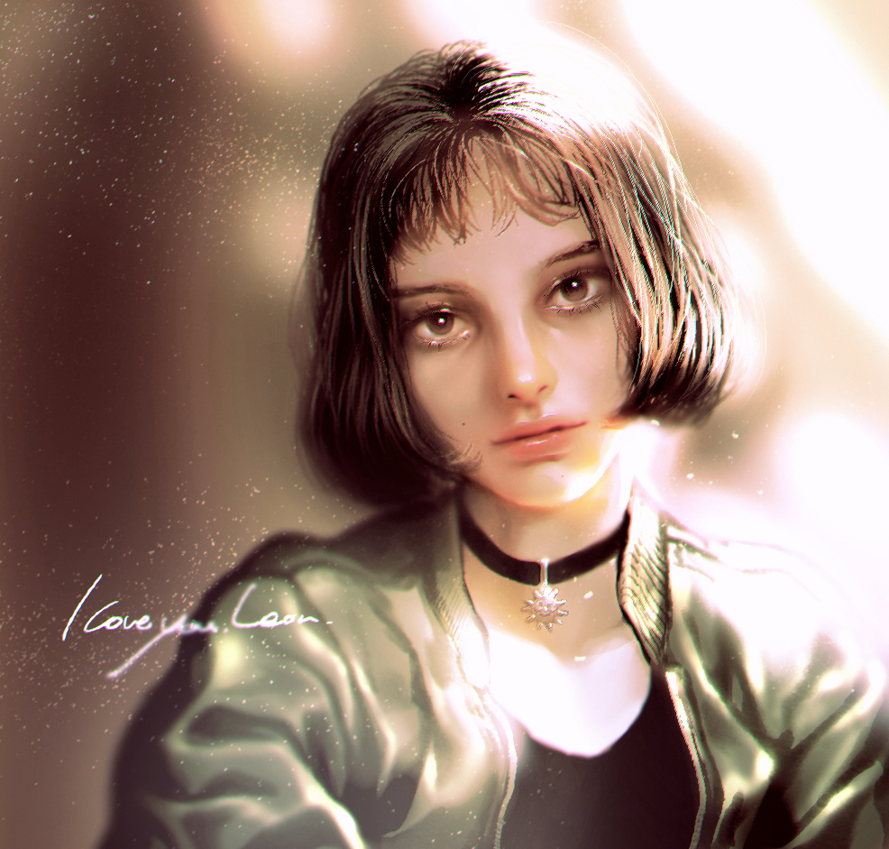 1girl black_hair brown_eyes choker close-up face jewelry leon_the_professional lips looking_at_viewer mathilda_lando realistic rukiana short_hair solo