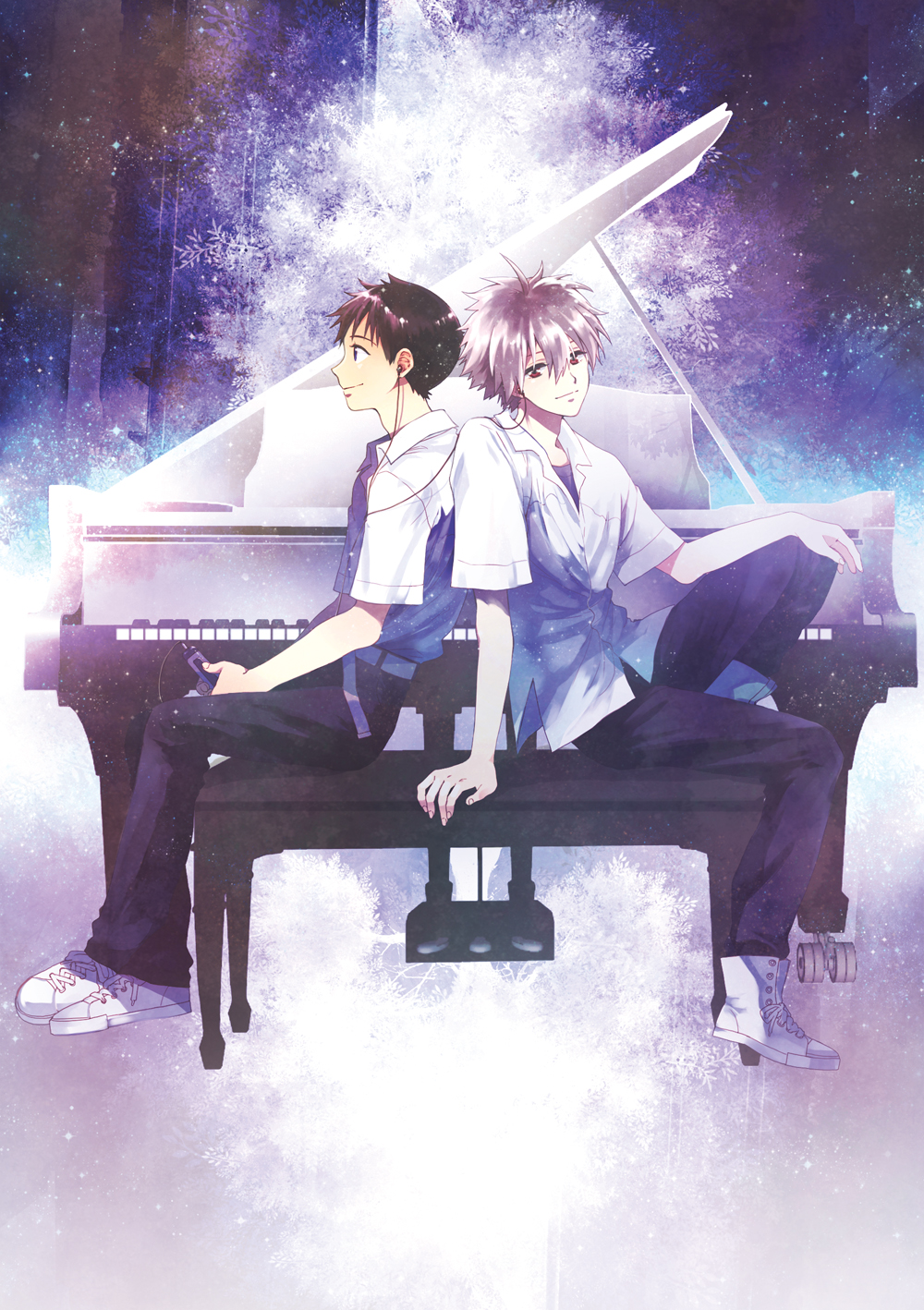 2boys black_hair blue_eyes earphones earphones highres ikari_shinji instrument mozzu multiple_boys nagisa_kaworu neon_genesis_evangelion piano red_eyes short_hair smile tree