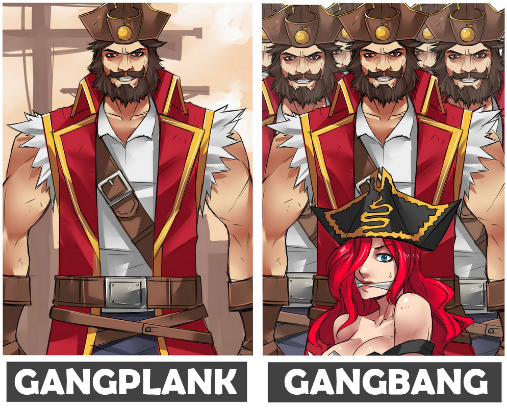 1girl 6+boys bare_shoulders beard belt breasts cleavage clone commentary facial_hair gag gagged gangplank hat kuma_x large_breasts league_of_legends lips long_hair multiple_boys mustache pirate pirate_hat redhead sarah_fortune sweatdrop you_gonna_get_raped