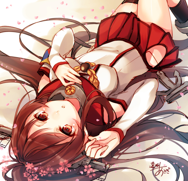 1girl breasts brown_eyes brown_hair cherry_blossoms flower hair_flower hair_ornament kantai_collection large_breasts long_hair looking_at_viewer lying personification pleated_skirt ponytail signature skirt solo toosaka_asagi yamato_(kantai_collection)