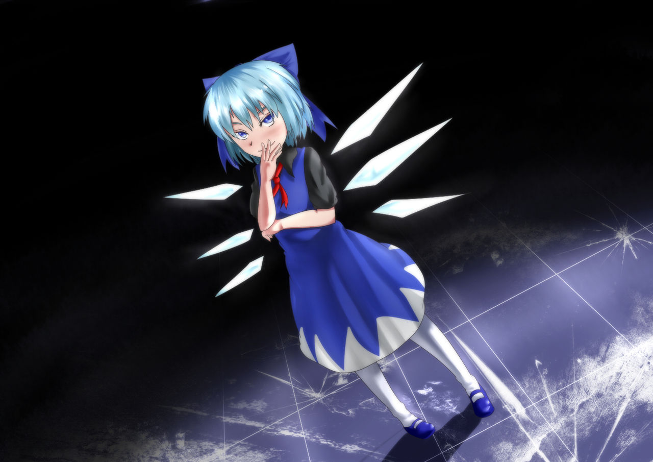 1girl alternate_color blue_eyes blue_hair bow cirno dress hair_bow mousou short_hair short_sleeves smile touhou wings