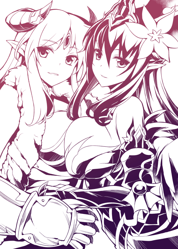 2girls bare_shoulders breast_press breasts dark_lady_(p&amp;d) flower flower_on_head gauntlets grin horns large_breasts long_hair looking_at_viewer monochrome multiple_girls mushi024 persephone_(p&amp;d) pointy_ears puzzle_&amp;_dragons smile symmetrical_docking tiara