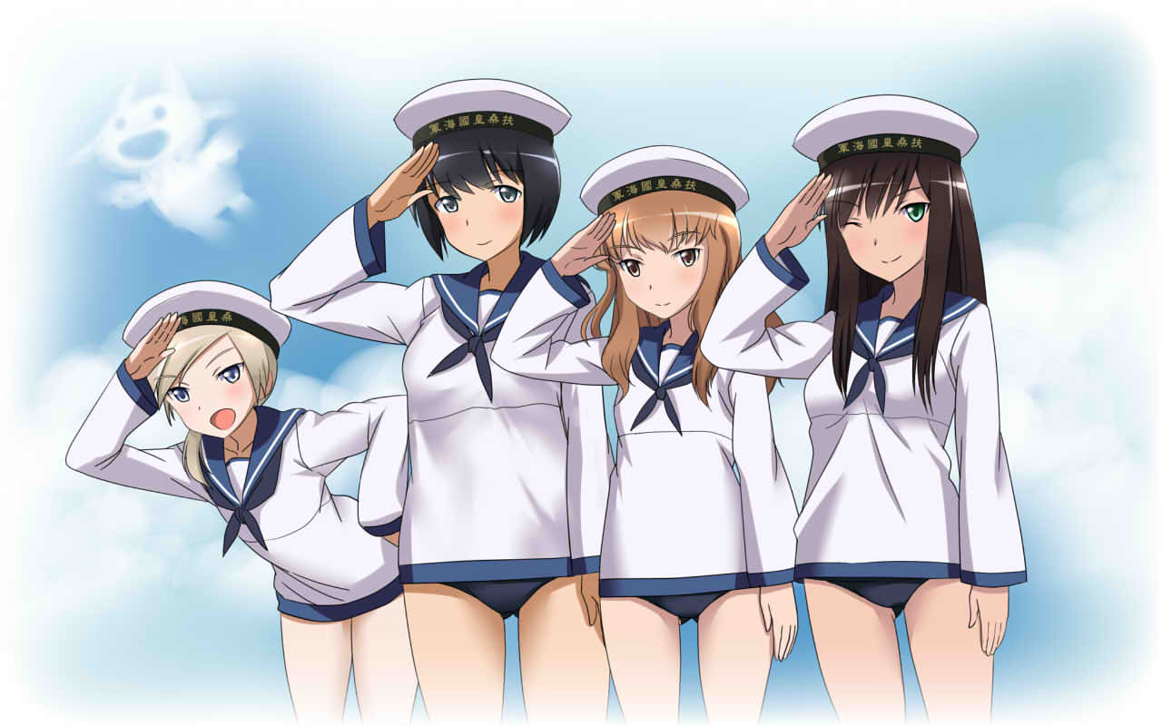 4girls :d black_hair blonde_hair blue_eyes brown_eyes federica_n_doglio fernandia_malvezzi green_eyes long_hair luciana_mazzei martina_crespi military military_hat military_uniform multiple_girls novram58 open_mouth salute smile strike_witches swimsuit swimsuit_under_clothes uniform wink
