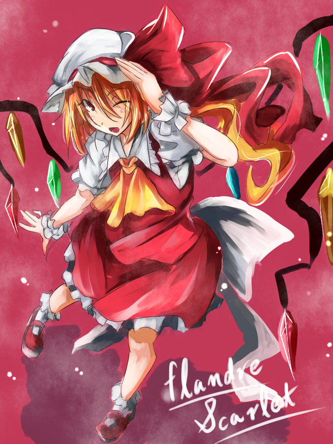 1girl ascot blonde_hair blush_stickers bow character_name flandre_scarlet hat hat_bow kinsenka red_eyes solo touhou wings wink