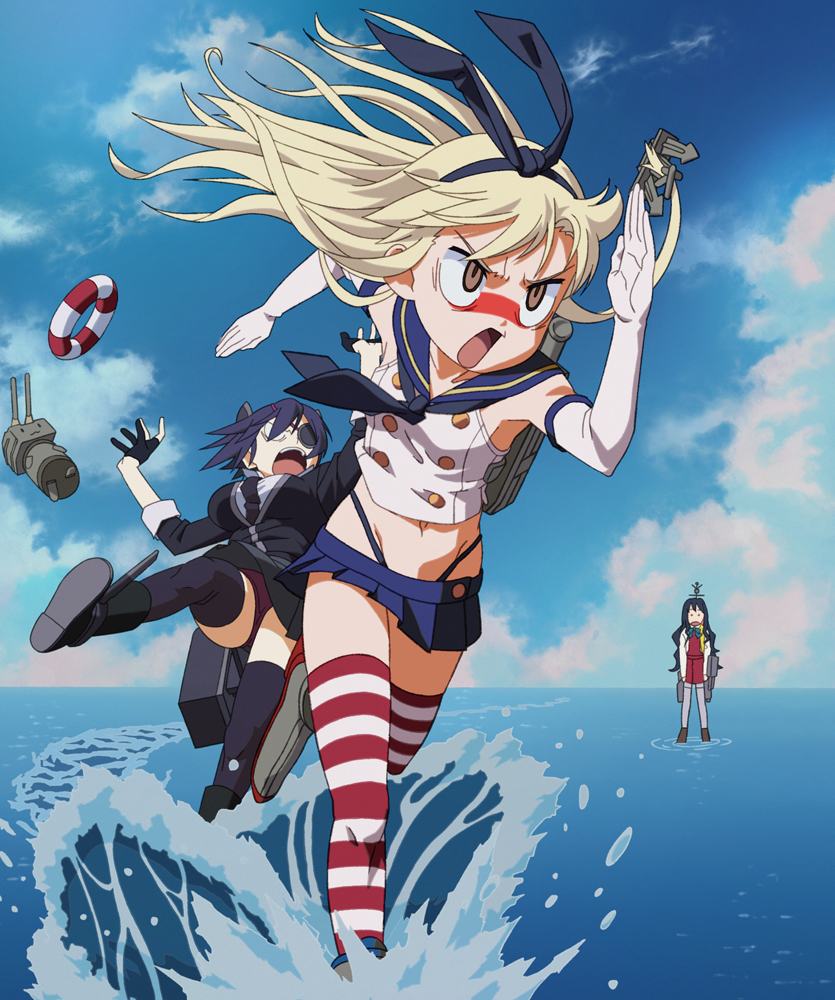 3girls angry clouds dragging innertube kantai_collection multiple_girls naganami_(kantai_collection) ocean personification rensouhou-chan shimakaze_(kantai_collection) sky tenryuu_(kantai_collection) teritama