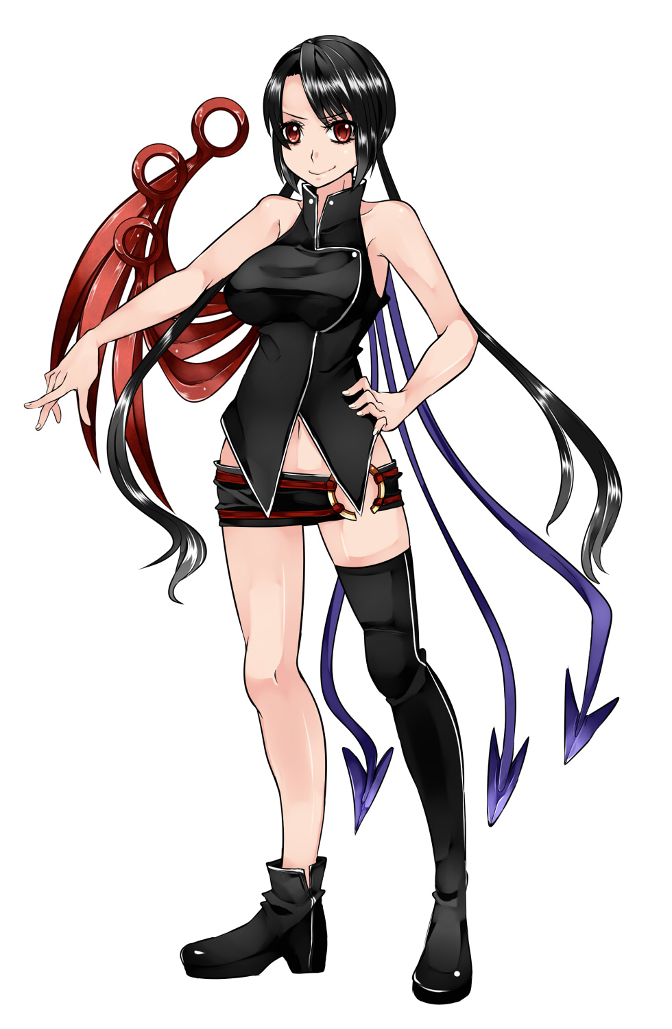 1girl alternate_costume alternate_hair_length alternate_hairstyle aoshima asymmetrical_wings bare_arms bare_shoulders black_hair black_legwear breasts hand_on_hip highres houjuu_nue large_breasts long_hair looking_at_viewer midriff navel red_eyes short_shorts shorts simple_background single_thighhigh sleeveless sleeveless_shirt smirk solo thighhighs touhou twintails very_long_hair white_background wings