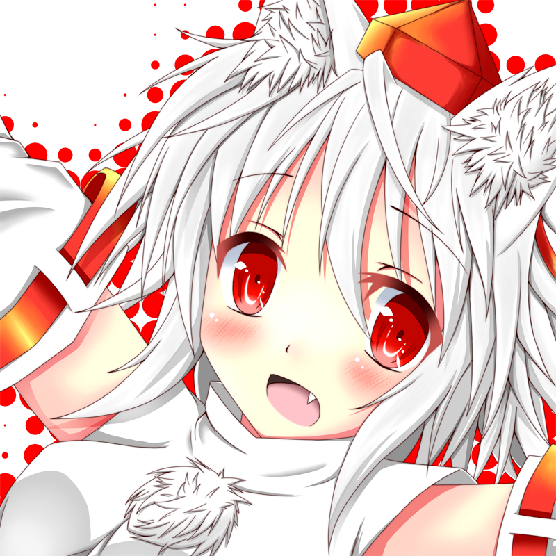 1girl animal_ears bare_shoulders blush breasts detached_sleeves fang happy hat hino_(kagami) inubashiri_momiji looking_at_viewer open_mouth pom_pom_(clothes) short_hair silver_hair skirt smile solo touhou wolf_ears