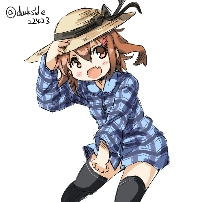 1girl black_legwear brown_eyes brown_hair darkside hair_ornament hairclip hat ikazuchi_(kantai_collection) kantai_collection looking_at_viewer open_mouth plaid plaid_shirt short_hair smile solo sun_hat thigh-highs