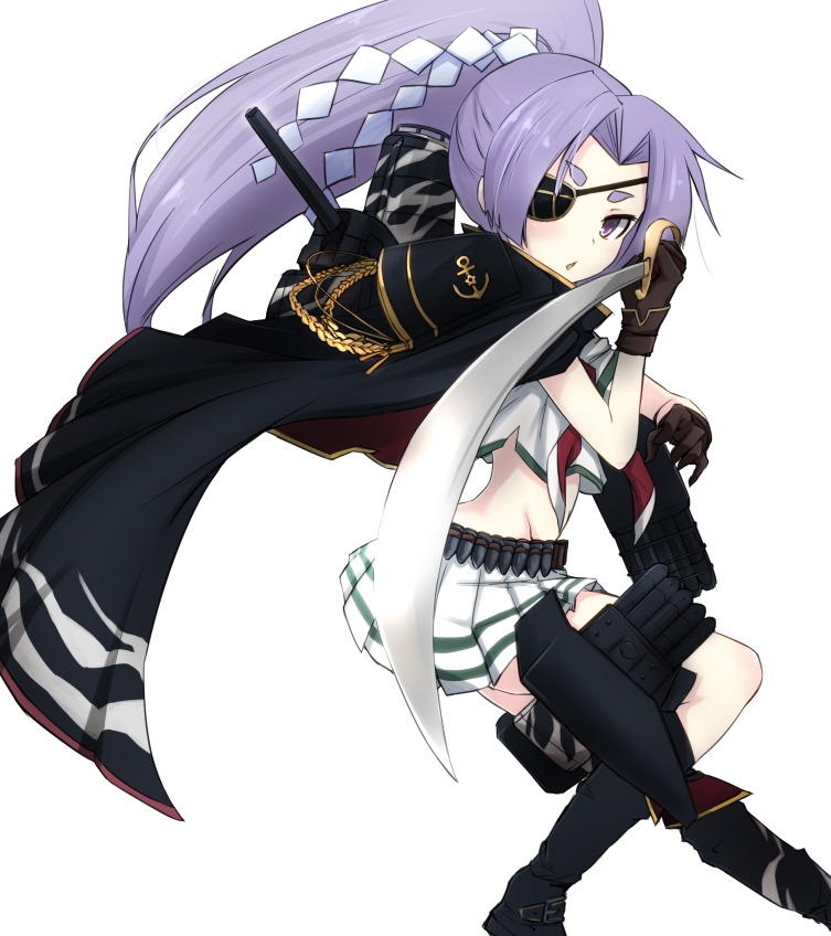 1girl bandolier brown_gloves cape eyepatch gloves hair_ribbon hatsuharu_(kantai_collection) kantai_collection kiso_(kantai_collection) kiso_(kantai_collection)_(cosplay) long_hair looking_at_viewer midriff pleated_skirt ponytail purple_hair ribbon sakura_inu simple_background skirt solo sword violet_eyes weapon white_background