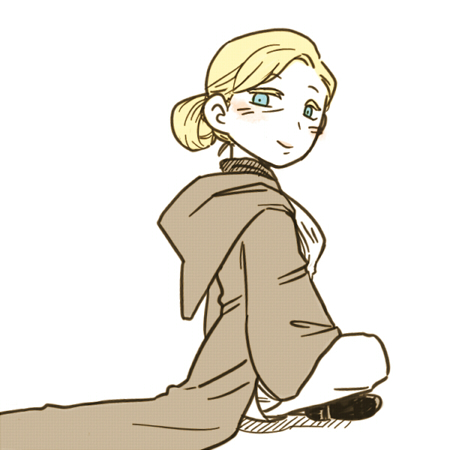 1girl blonde_hair blue_eyes boots cloak crossed_legs female genderswap hair_bun jedi looking_at_viewer losso lowres obi-wan_kenobi sitting smile solo star_wars