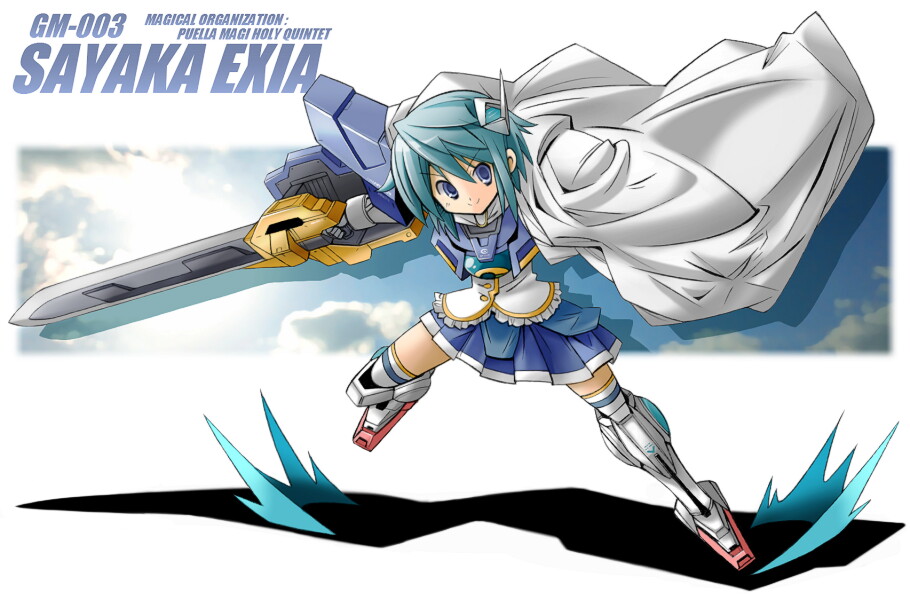 1girl blue_eyes blue_hair cape exia gundam gundam_00 magical_girl mahou_shoujo_madoka_magica mecha_musume miki_sayaka parody rascal short_hair solo soul_gem sword thighhighs weapon zettai_ryouiki