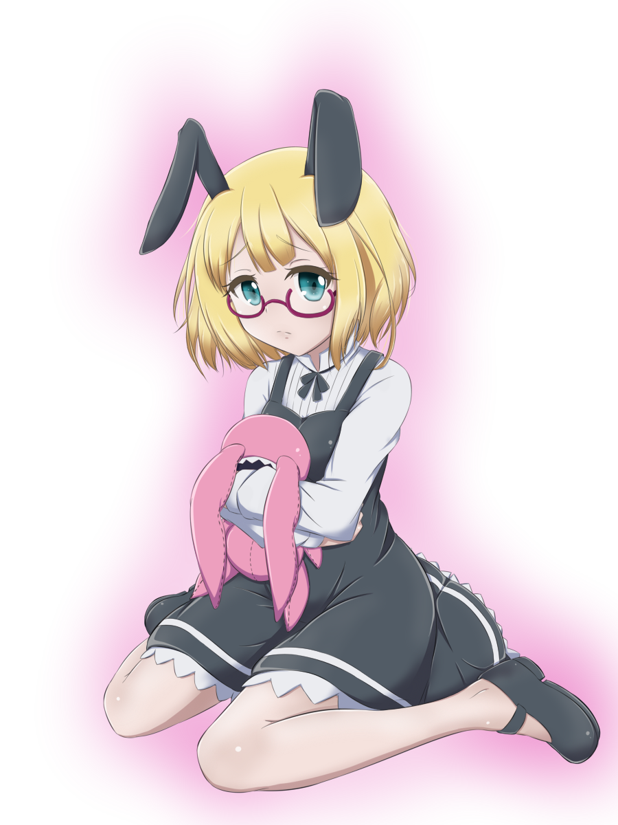 1girl animal_ears blonde_hair bo11nn dress galaktika glasses green_eyes highres long_sleeves rabbit_ears roboko_(sekai_seifuku) sekai_seifuku:_bouryaku_no_zvezda shoes short_hair sitting solo stuffed_animal stuffed_toy wariza