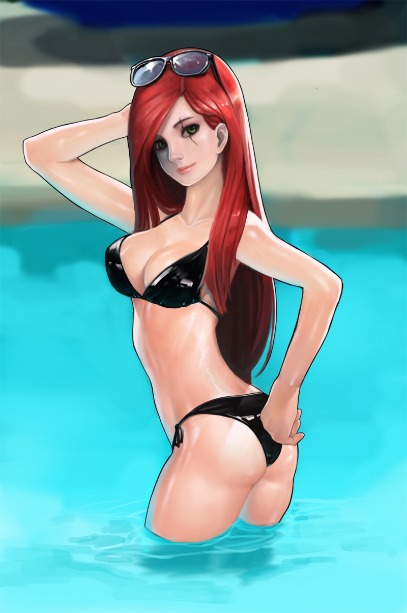 1girl arm_up ass bikini black_bikini bling_(wnsdud34) breasts cleavage highres katarina_du_couteau league_of_legends long_hair looking_at_viewer redhead smile solo sunglasses sunglasses_on_head swimsuit