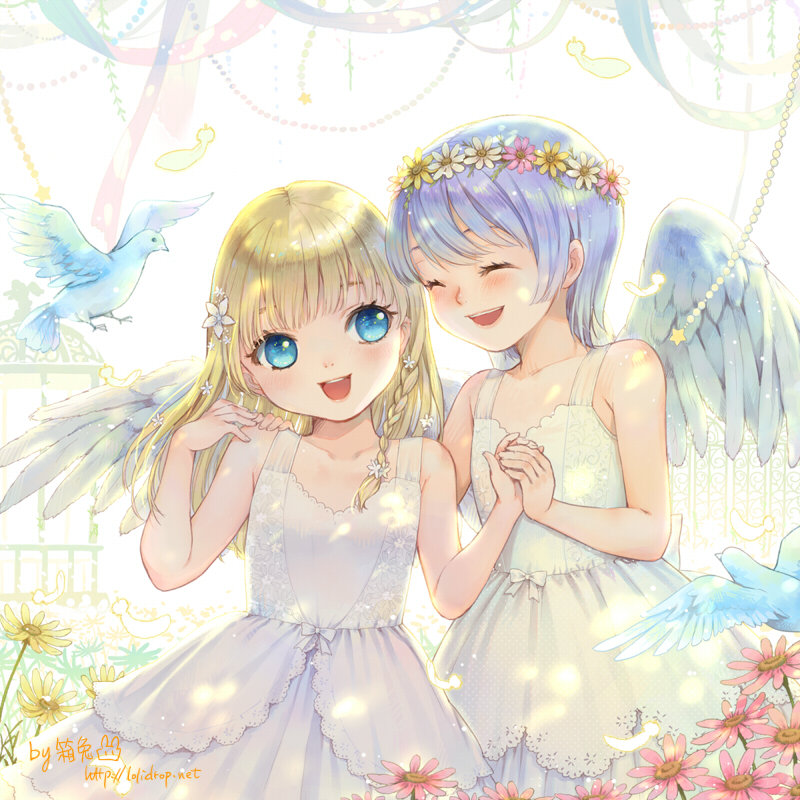 2girls ^_^ bird blonde_hair blue_eyes blue_hair braid child closed_eyes dress flower head_wreath long_hair multiple_girls original short_hair smile wings xiangtu