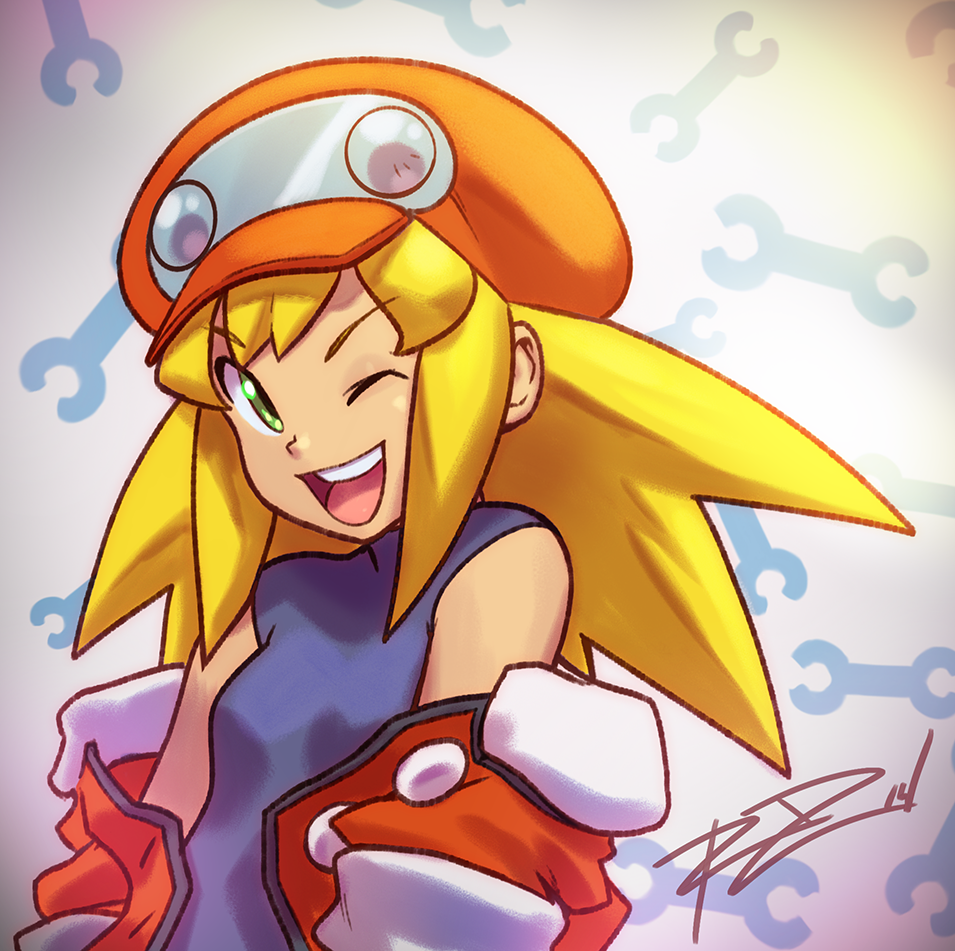 1girl blonde_hair green_eyes grin hat jacket off_shoulder robert_porter rockman rockman_dash roll_caskett small_breasts smile solo wink