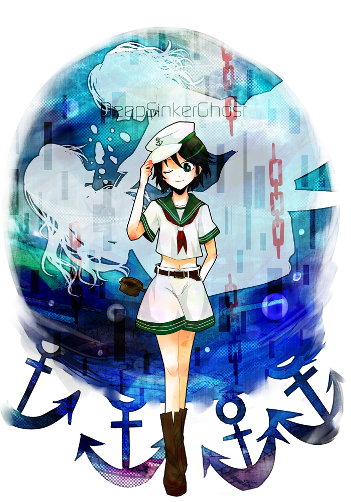 1girl anchor arm_behind_back asphyxiation belt black_hair boots brown_boots bubble buckle chain choke_hold choking green_eyes hat hat_tip ladle looking_at_viewer midriff murasa_minamitsu sailor sailor_collar sailor_hat school_uniform serafuku short_hair short_sleeves shorts smile solo strangling touhou uniform wink yoriko_25