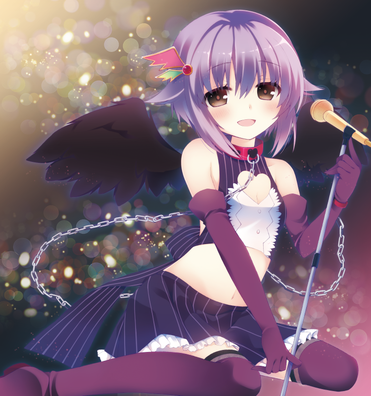 1girl brown_eyes chain collar elbow_gloves gloves hair_ornament hairclip idolmaster idolmaster_cinderella_girls kanora koshimizu_sachiko looking_at_viewer microphone open_mouth purple_hair short_hair skirt smile solo thighhighs wings