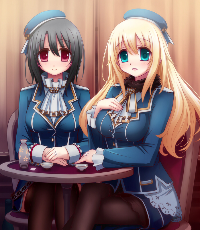 2girls alcohol atago_(kantai_collection) beret black_hair black_legwear blonde_hair blush breasts chair choko_(cup) female green_eyes hat jewelry kantai_collection long_hair military military_jacket military_uniform multiple_girls pantyhose personification red_eyes revision ring rizuriri sake short_hair sitting skirt smile solo table takao_(kantai_collection) thighhighs tokkuri uniform